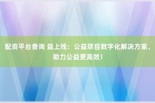 配资平台查询 益上线：公益项目数字化解决方案，助力公益更高效！