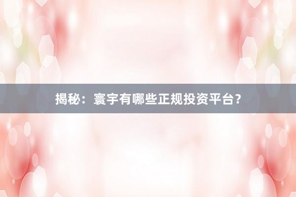 揭秘：寰宇有哪些正规投资平台？